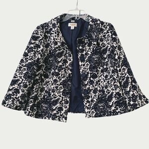 Talbots Floral Jacquard Cropped Blazer Jacket Women 12 Navy White 3/4 Sleeve